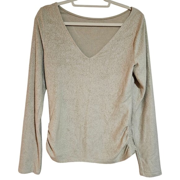 Beige Long-Sleeve V-Neck Ruched Women's Top US M Lyocell Modal Polyester - Picture 1 of 15